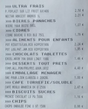 Supermarket receipt with items grouped into categories